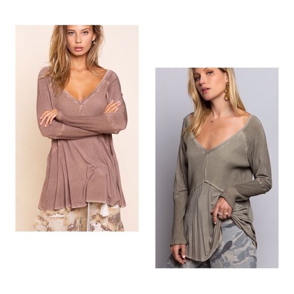 LONG Sleeve Top with Ribbed Detail Light Wash - Picture 1 of 14